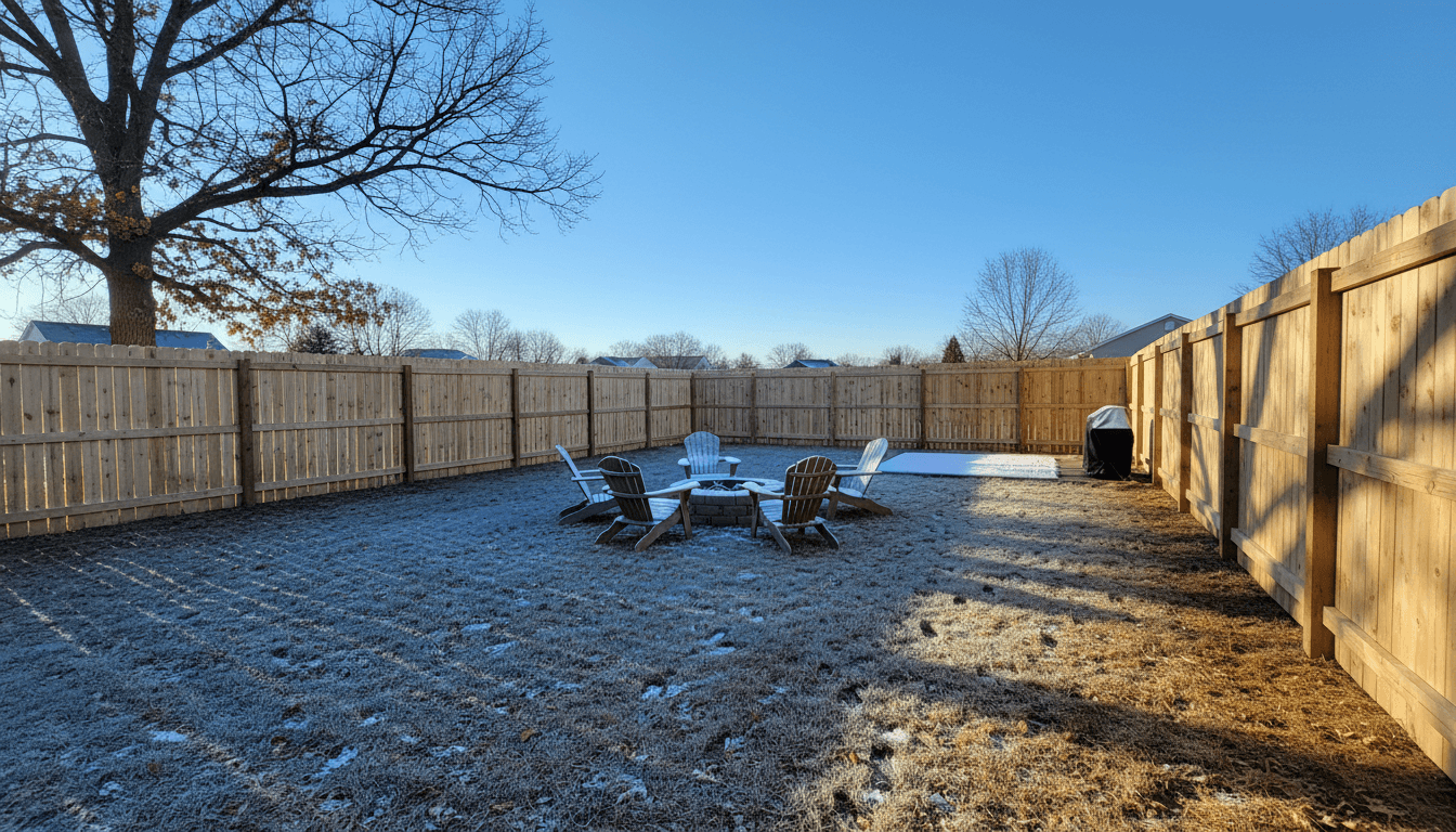 residential backyard with a new wood privacy fence, crisp winter sunlight