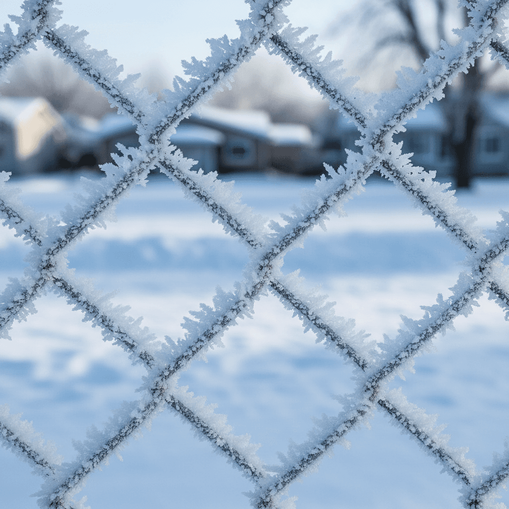 Close-up of chainlink fence with frost, showing durability in winter conditions