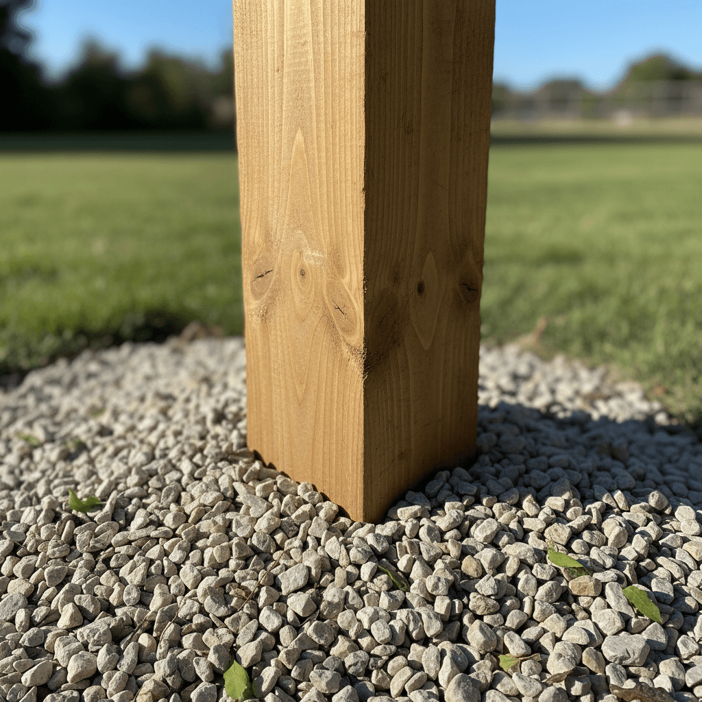 Wooden fence post set in gravel, built to handle Duluth winters