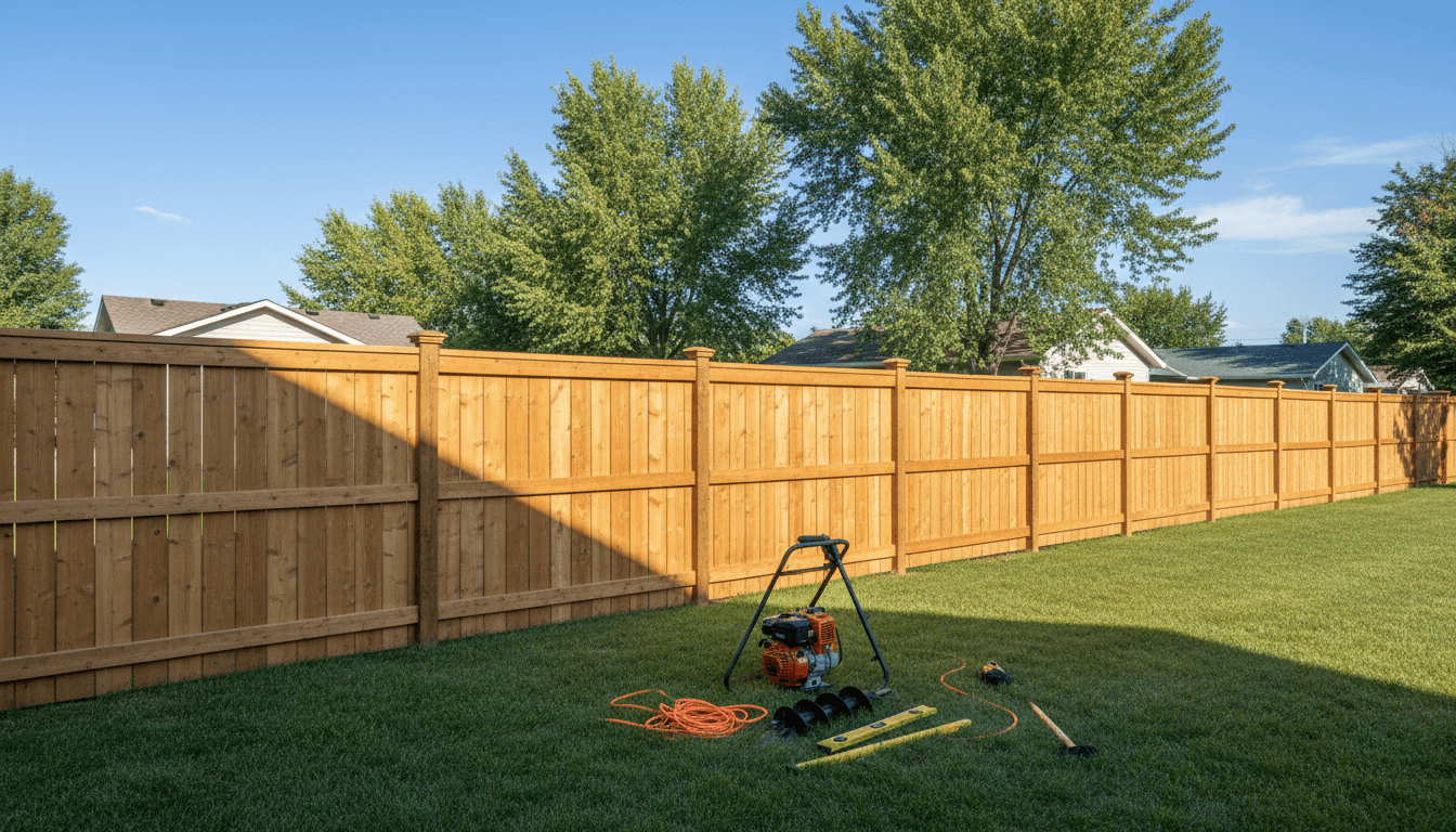 Completed fence installation in Duluth backyard with professional equipment