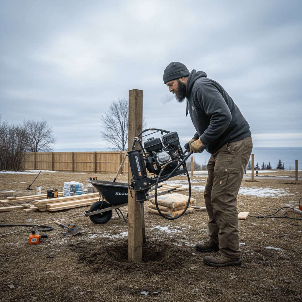 Fence post installation using gas post driver on a Duluth residential property