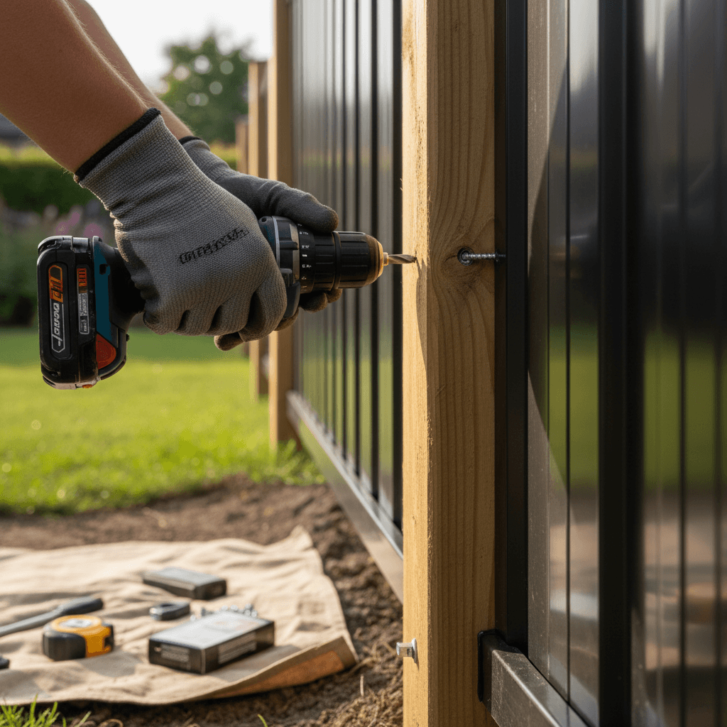 Fence contractor installing ornamental fencing in Duluth backyard