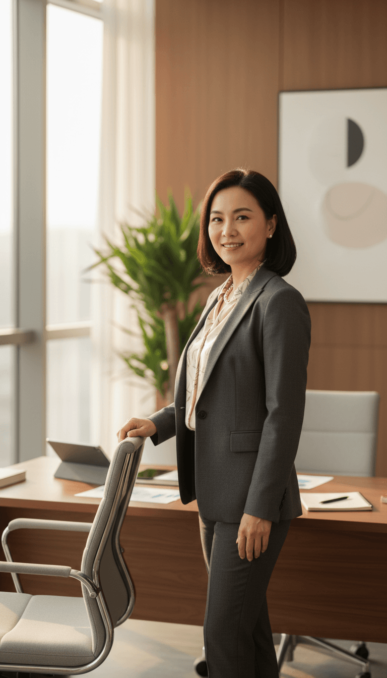 Confident female executive standing by office window in professional business attire with approachable expression