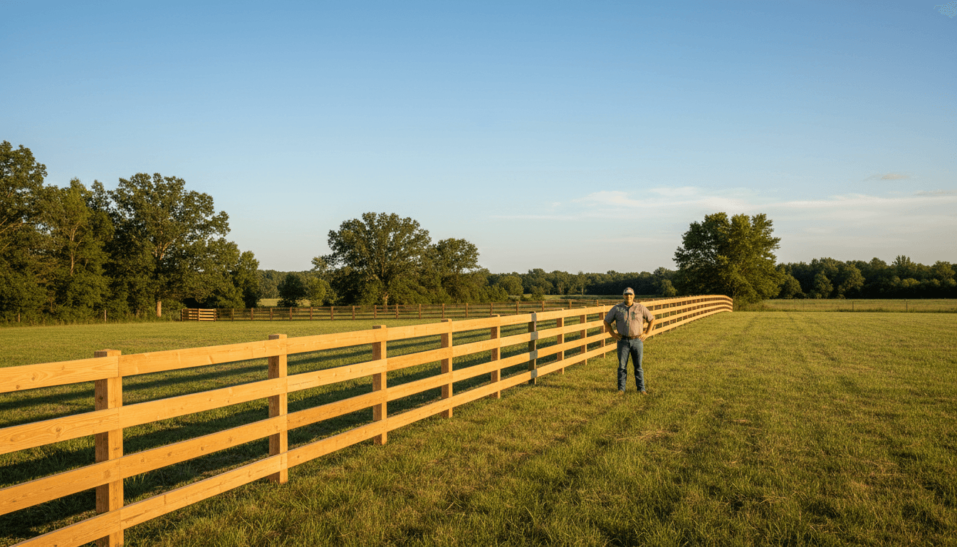Wide landscape view of completed residential fence installation stretching across rural property with professional installer standing beside it during golden hour